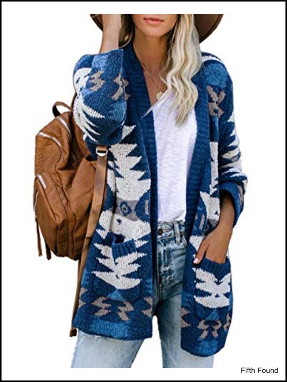 Womens Boho Aztec Open Front Cardigan Slouchy Knit Sweater Coat with Pockets